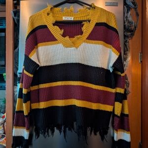 Cozy V-Neck Striped Sweater in Mustard, Burgundy, Black, and White Distressed
